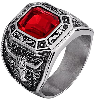 Homxi Ringe Herren Punk,Ring Quadratisch Stein mit Vintage Ringe für Herren Edelstahl Rot