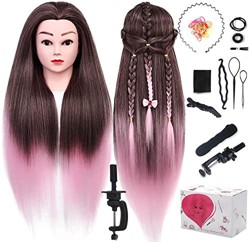 TopDirect Styling Head, 29.5inch 100% Synthetic Fiber Hairdressing Head, Cosmetology Training Mannequin Manikin Doll Head with Table Clamp Holder & DIY Hair Braid Set