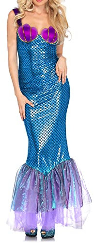 PDYLZWZY Costume de sirène pour femme - Costume d'Halloween - Robe à paillettes - Avec coutures en maille - Costume pour adulte, Bleu/violet, XL