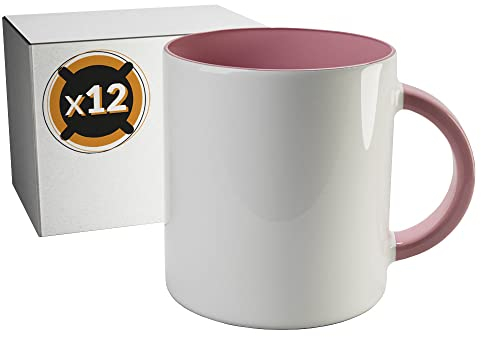 PixColor Lot de 12 tasses de sublimation en céramique blanche avec intérieur rose | Boîte individuelle neutre | 350 ml (11 oz) | AAA | Passe au micro-ondes et au lave-vaisselle | Cricut