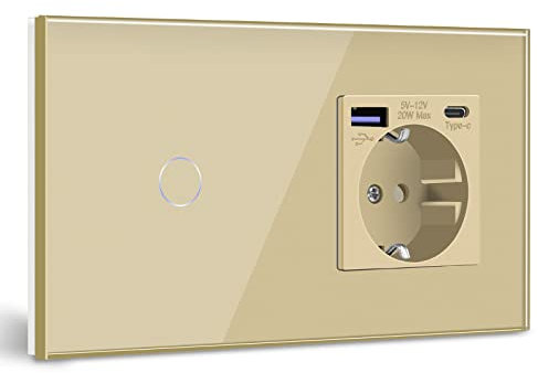 BSEED Touch Lichtschalter mit Steckdose Schuko Unterputz Steckdose mit USB C 20W Schnellladegerät USB Type C 1 Fach 2 Wege Wandsteckdose mit Glas Panel Geeignet für Phone, Pad, MP3 und mehr-Golden