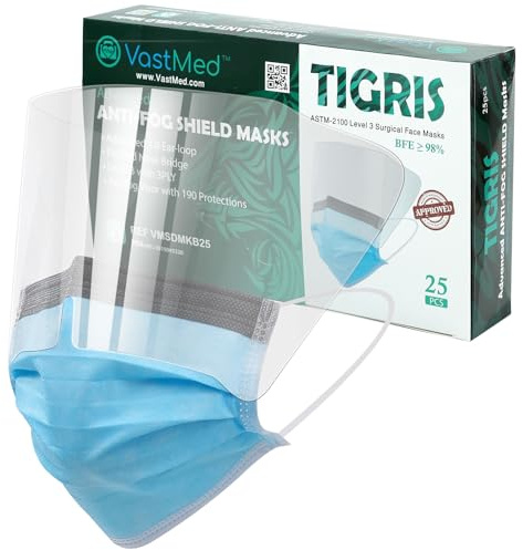 VASTMED Tigris Anti-fog Mask with Ear Loops, Level 3, with Shield, Transparent, Individually Wrapped, Non-Woven Breathable, Blue