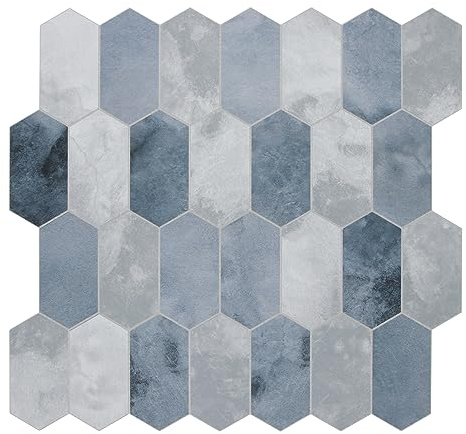 The Tiles Plaza 10-Sheet Peel and Stick Backsplash, Blue Cement Long Hexagon Self Adhesive Wall Tile, Stone Composite Stick On Decorative Mosaic Tile for Kitchen Bathroom Fireplace