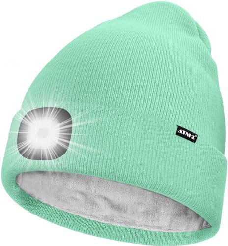 ATNKE LED Mütze mit Licht,Wiederaufladbare USB 4 LED Beleuchtete Laufmütze Extrem Heller Lampe Winter Warme Gefüttertes Fleece Stricken Mütze für Herren und Damen Geschenke/Fruit Green