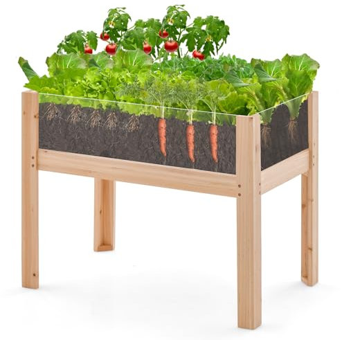 COSTWAY Jardinera Elevada de Madera con Patas 130L, Cama Elevada de Jardín con Agujeros de Drenaje, Paneles Acrílicos, Jardinera para Frutas, Verduras, Flores, Hierbas,(100×59×77cm)