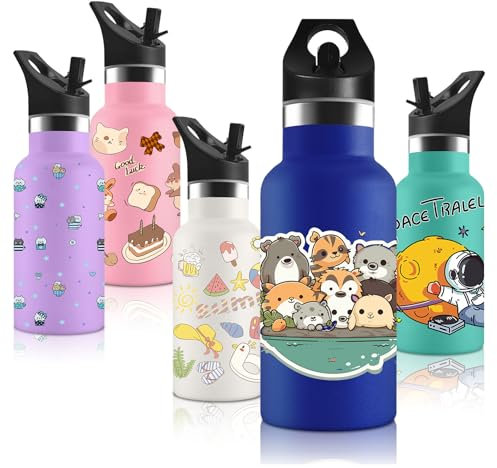 Vikaster Botella agua Acero Inoxidable con Tapa de Popote y asa, Botella Agua Niños 350ml, Sin BPA, Botella Termica Reutilizable, para Adultos, Niños, Escuela, Ciclismo, Gym, Deportiva