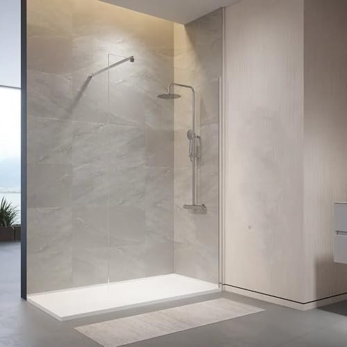 Box doccia walk-in 140 cm in vetro trasparente 8 mm, h.200 cm, con trattamento anticalcare, barra di sostegno regolabile