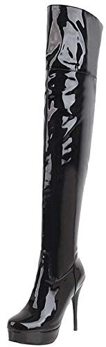 MJIASIAWA Donna Punta Rotonda Moda Sopra Il Ginocchio Vernice Boots Tacco A Spillo Tacco Alto Inverno Serata Prom Mens Stivali Alti Nero Numero 41 EU/43 Asiatico