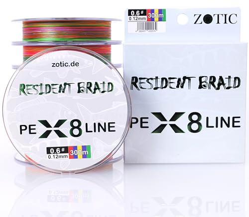 Zotic Resident Braid PE X4/X8-4-fach/8-fach geflochtene Angelschnur für Baitcaster u. Spinnrute, Profi Angelzubehör, Raubfisch, Angelsehne, 100m 150m 300m (X8 Multicolor, 300m - 0.20mm - 11.5kg)