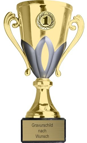 Pokal-Fabrik.de - Pokal mit Gravur Wunschtext in Gold/Silber, 17 cm- personalisierte Auszeichnung & Sport Emblem nach Wahl - inkl. Marmorsockel - Geschenk-Trophäe - Pokal Kinder