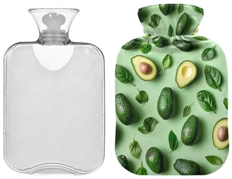 Fresh Green Avocados Hot Water Bottle with Cute Cover, 1 Liters Durable Hot Water Bag for Tummy Cramps Neck and Shoulder Waist Pain Relief, Hot and Cold Therapies