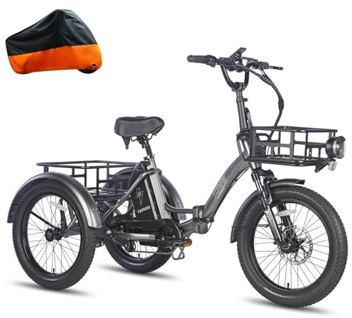 Fafrees F20 Mate E Bike Dreirad Erwachsene 48V [ Offiziell ] E-Bike Klapprad 20 Zoll Damen Herren (18.2AH Akku mit Vordere Lastenkorb+kleine hintere Lastenkorb, Grau)