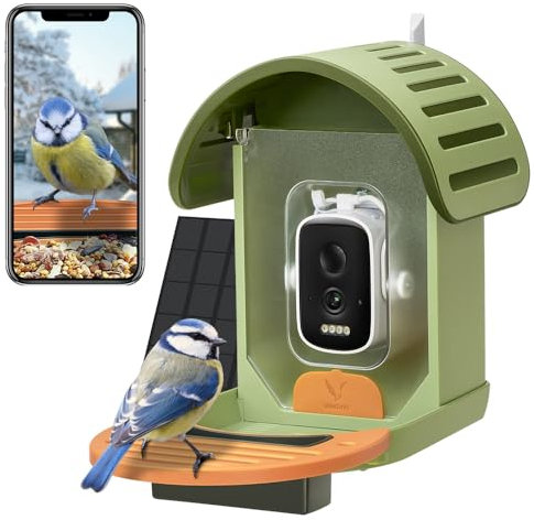 VINGUYS Bird Feeder Camera Solar Powered, Smart Bird Feeder AI Identifies 11,000+ Bird's Species, Auto-Capture 2.5K UHD Bird's Video, IP66 Waterproof Outdoor, Ideal Present for Father (Green)
