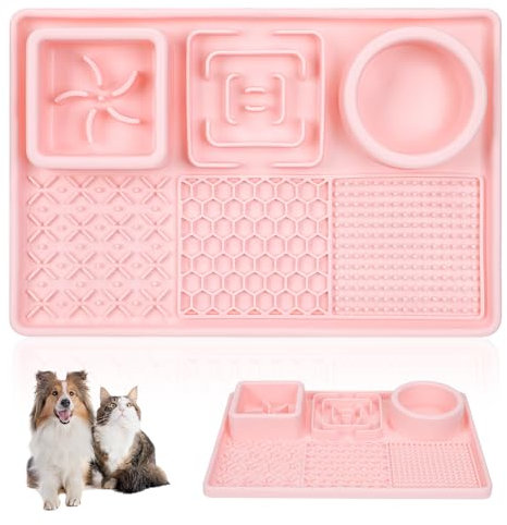 Slow Feeder Bowl Anti-slip Licking Mat for Medium Dogs and Puppies, Slow Feeding Lick Mat for Dogs and Cats Training Anxiety Boredom Relief (Pink)