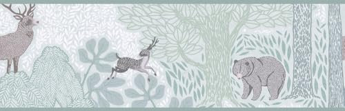 A.S. Création Kinderzimmer-Tapete Lilly & Luis- Strapazierfähige Vliestapete in Waldtier-Optik - 5,00 m x 0,17 m - Grün, Weiß, Braun - Made in Germany – 771751