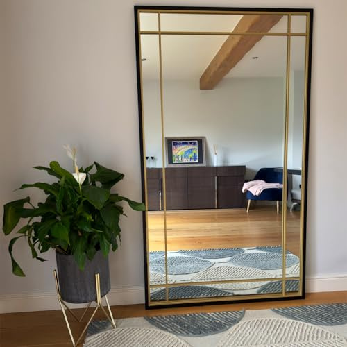 Jobu | Full Length Black & Gold Metal Window Mirror – 180cm x 105cm Large Rectangular Wall Mirror, Industrial Leaner or Hanging Statement Mirror for Bedroom, Hallway or Living Room | Aimi