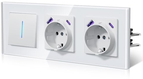 BSEED Lichtschalter mit Steckdose USB C 20W, Schnellladen Wandsteckdose mit Unterputz Schalter, Wechselschlter Mit Krallen, NEU E-Serie,1 Fach 1 Weg,Weiß 228mm