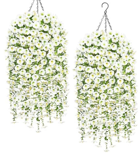 Weldomcor 2 Set Home and Outdoors Silk Fabric Fake Flowers DIY Chain Hanging Basket Artificial Morning Glory Hanging Flowers in Planter for Front Porch Garden Patio Yard Decor (White)