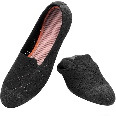Puxowe Women's Ballet Flats Shoes Slip On Knit Dress Shoes Pumps Round Toe Ballerinas for Woman Comfort Soft 5.5 UK Black/Orange
