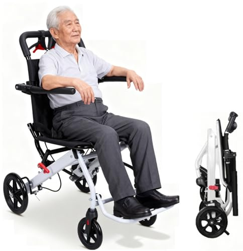 toilmua Silla de ruedas portátil de transporte, ligera, silla de ruedas plegable compacta con construcción de acero al carbono, freno de mano integrado, ruedas de 360 grados para adultos y niños