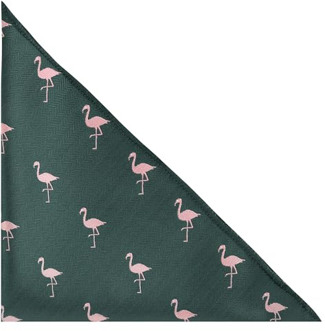 King & Priory Dunkelgrünes, besticktes Flamingo-Taschentuch, Fischgrätenmuster