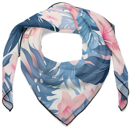Jubonexis Foulard carré en satin avec motif fleurs d'hibiscus rose et bleu