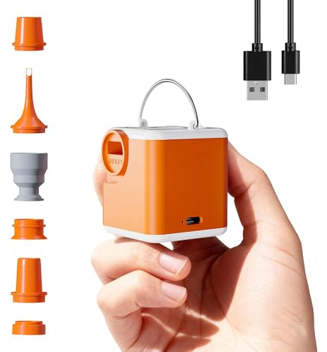 Mini Air Pump with 3-Stage Camping Light, 2400mAh Electric Vacuum Bag Pump, Fast Inflation/Deflation with 5 Nozzles for Air Bed Mattress, Pool Floats, Travel Bags and Inflatables, Orange