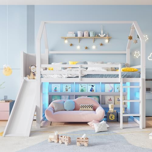 Moimhear Hochbett 90 x 200 cm, mit Energiespar-Lichtleiste, Hausform, Regalen, Leiter, Gleitschienen und Absturzsicherung, ohne Matratze, weiß