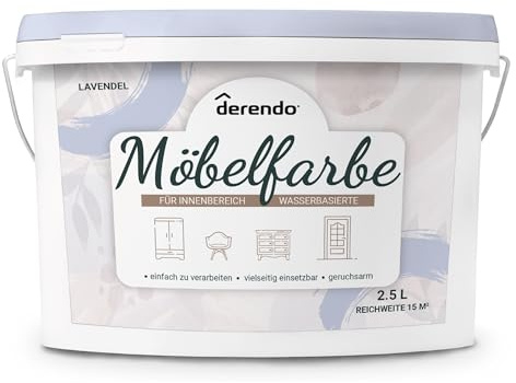 derendo Möbelfarbe ohne Schleifen Lavendel matt Kreidefarbe Innen 2,5l | Für Holz, MDF, Regale, Türen Kommoden, kratzfest, Renovierung, Upcycling Neuanstrich gebrauchsfertig hohe Deckkraft