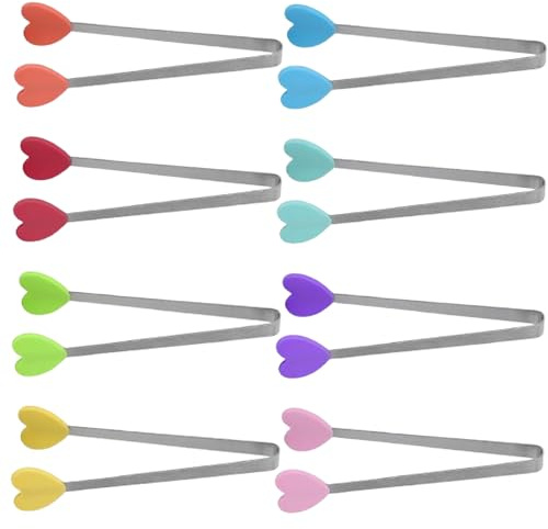 8 Stück Herzform Mini-Zange, Mini Zuckerzangen Aus Edelstahl Mit Silikongriffen 12.5 Cm Kleine Süßigkeiten Zange Von Lebensmitteln, Kochen, Fingerfood, Eiswürfel, Obst, Zucker-Farbe