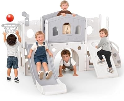 hoopyosms Large Plastic Kids Slide with Ladder, Platform, Crawling Tunnel, Climbing Ramp, Basketball Hoop & Toy Telescope, Indoor & Outdoor Activity Playset for Toddlers & Preschoolers(Grey)