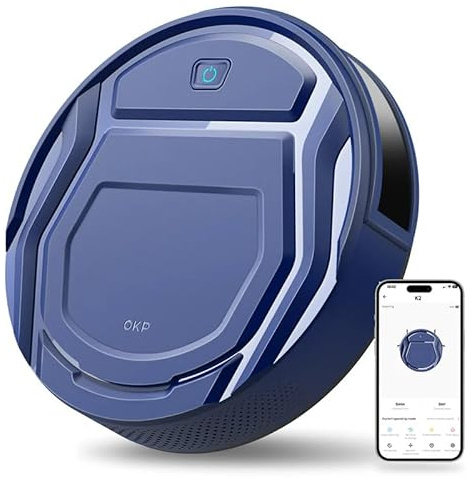OKP K2 Aspirapolvere Robot, 2100Pa, 120 Minuti, Design Ultra Sottile e Silenzioso, 4 Modalità di Pulizia, Antigroviglio, WiFi/App/Alexa, Ideale per Peli di Animali Domestici, Pavimenti e Moquette, Blu