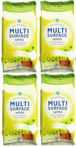 Multi Surface Cleaning Wipes, 320 Wipes, 4 x 80, Citrus Scent | Large resealable household wipes that cut through grease and grime, suitable for kitchens and bathrooms