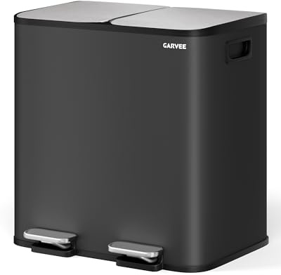 GarveeHome Mülleimer Küche, Mülleimer 2 fächer, Mülltrennsystem 2 x 15 Liter, Tretmülleimer mit Edelstahldeckel, Softclose-Deckel mit Inneneimer für Recycling und Restmüll, Schwarz