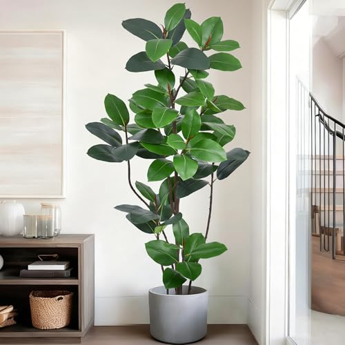 Fsslower Artificial Green Rubber Tree 6FT with 70 Glossy Leaves & 10 Heads & Black Pot Lifelike Tall Large Faux Tropical Ficus Elastica Plant 72 Inch for Indoor Home Office Store Corner Modern Decor