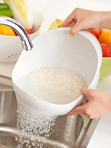 Plastic Rice Washing Bowl and Colander with Handle | Multi-Purpose Drain Basket for Rice, Lentils, Pasta, Fruits, Vegetables | Double-Layer Strainer, Fine Drain Holes, Kitchen Washing & Storage Bowl
