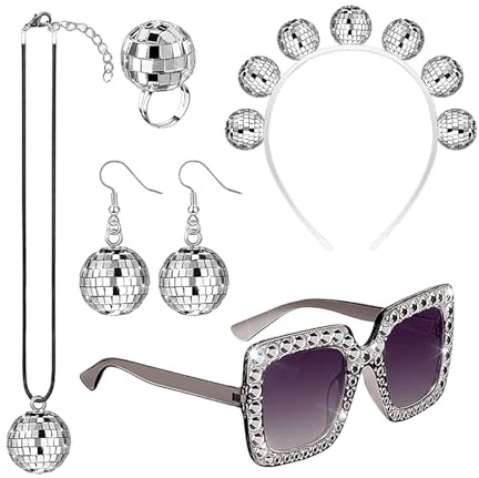 Disco Party Zubehör Set für Damen | 5 Accessoires mit Spiegelkugel Ohrringen & Haarreif | Funky Deko für Kostüm, 70er/80er Jahre Party, Karneval & Mädelsabend