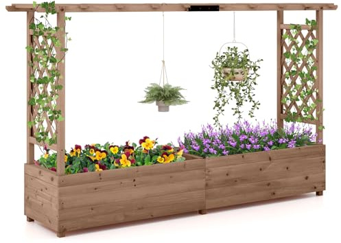 GiantexUK Raised Garden Bed with Arch Trellis (Brown, 200x44x114cm) | Wooden Garden Planter Box with Drainage Holes, Climbing Plants Vines Vegetables Herbs Flower Pots Grow Box