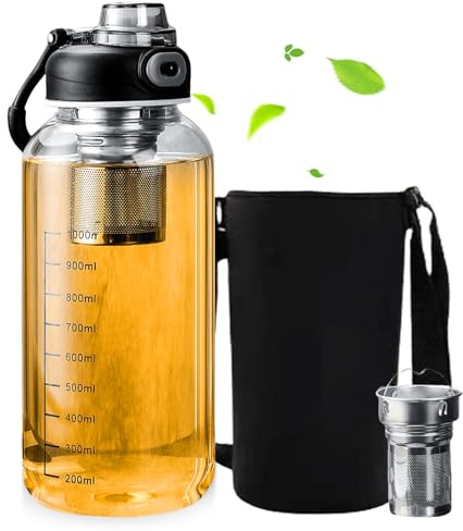 Bouteille d’Eau en Verre 1L, Gourde Verre Borosilicate avec Infuseur à Thé en Acier Inoxydable et Housse en Néoprène, Bouteille Verre Réutilisable Anti Fuite pour Eau Thé Jus Sport Bureau Sans BPA