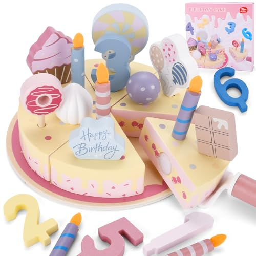 Juguete de Madera para Tarta de Cumpleaños,Tarta Madera para Cumpleaños,Pastel de Cumpleaños de Simulación,Juego de Comida DIY Juego de Simulación con Velas para Niños y Niña