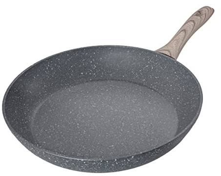 Schallen Non-Stick Anti-Scratch Grey Marble Coated Frying Pans with Cool Touch Handles, Suitable for All Hobs Induction, Electric and Gas Pans (Wooden Soft Handles, 30cm Frying Pan)