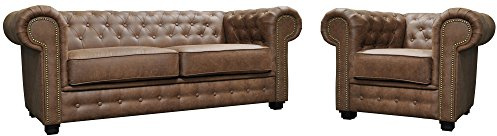 Sofas and More Astor Chesterfield Style Sofa Set 3+2 Seater Armchair Brown Faux Leather (2+1 Seater)
