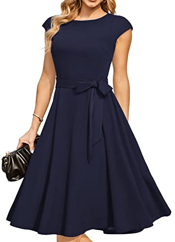 DRESSTELLS Robe Cocktail Mariage Vintage Robe Casual Femme Robe de Soiree Femme Robe baptême col Rond Manches Courtes Marine S