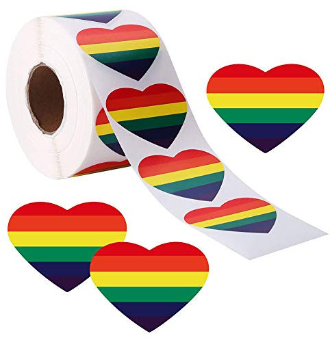 Gay Pride Aufkleber, 500 Stück Liebe Regenbogen LGBT Sticker Farbe Streifen Herzform Rolle Klebeband, herzförmige, für Party Bar Festival Karneval Pride Event 40mmx40mm