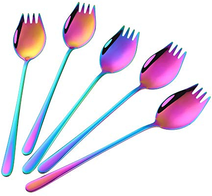 Buyer Star Rainbow Sporks 2 in 1 Spoons Forks 5 Pieces Stainless Steel Reusable Metal Korean Soup Dinner Spoons Camping Flatware