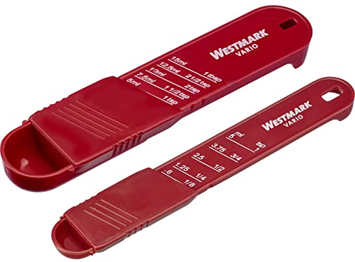 Westmark 2 cucharas medidoras ajustables, con escalas: 1 x 0,6 – 5 ml y 1 x 5 – 15 ml, plástico, vario, rojo/blanco, 30592270