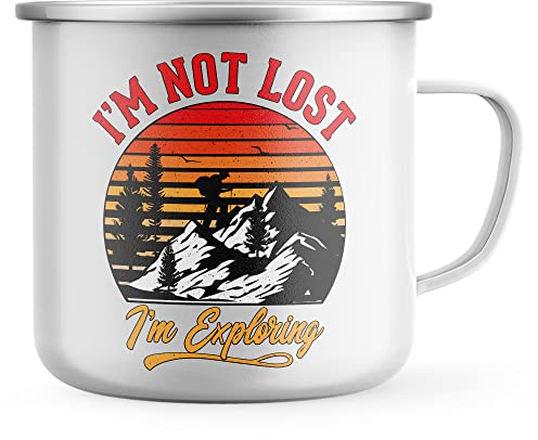 Purple Print House Funny Hiking Enamel Mug, Im Not Lost Im Exploring, Hiking Gifts for Him, Dad Grandad Birthday Camping Gift, Walking Coffee Cup for Hiker, One Size, White