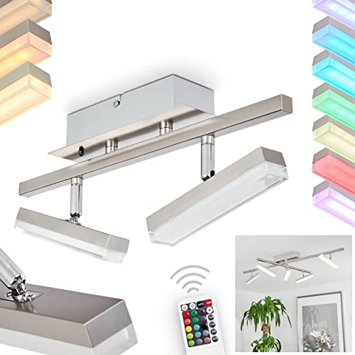 LED Deckenleuchte Vehkala, dimmbare Deckenlampe aus Metall/Kunststoff in Nickel-matt/Weiß, verstellbare Zimmerlampe m. Fernbedienung u. RGB Farbwechsler, 2 x LED 3,5 Watt, 3000 Kelvin, 640 Lumen