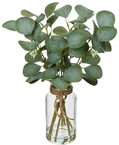 35 cm Künstliche Eukalyptus Zweige mit Glasvase, Eukalyptus Kunststoff Pflanze Eukalyptus Künstliche Pflanzen Realistische Eukalyptus Deko Silberdollar für Hochzeit Tischdeko Büro Wohnzimmer Küche