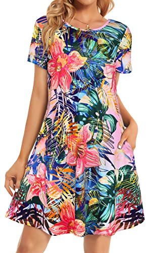 Abito estivo da donna, per la spiaggia, stile casual, taglio ampio, fluente, maniche corte, tasche, prendisole, Rosa floreale, XL